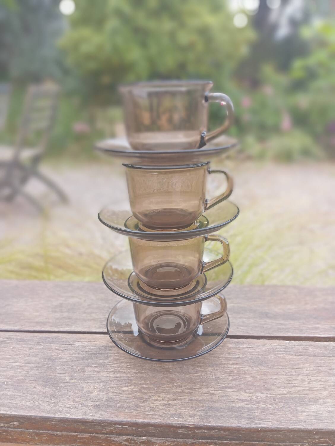 4 smoked glass cups and saucers from Arcoroc 1970