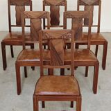 Set of 6 Art Deco chairs in Oak and Walnut with camel leather.