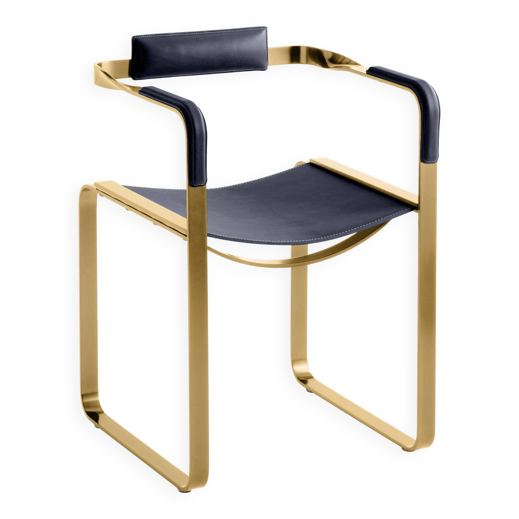 Armchair, aged brass and navy blue leather, contemporary style.