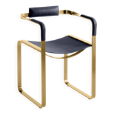 Armchair, aged brass and navy blue leather, contemporary style.