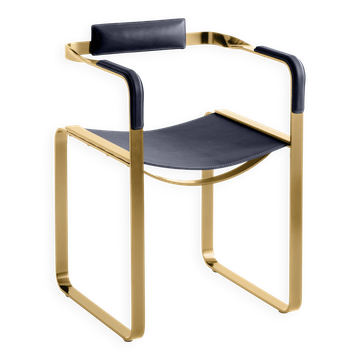 Armchair, aged brass and navy blue leather, contemporary style.