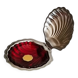 Stainless steel scallop butter dish, red glass shell