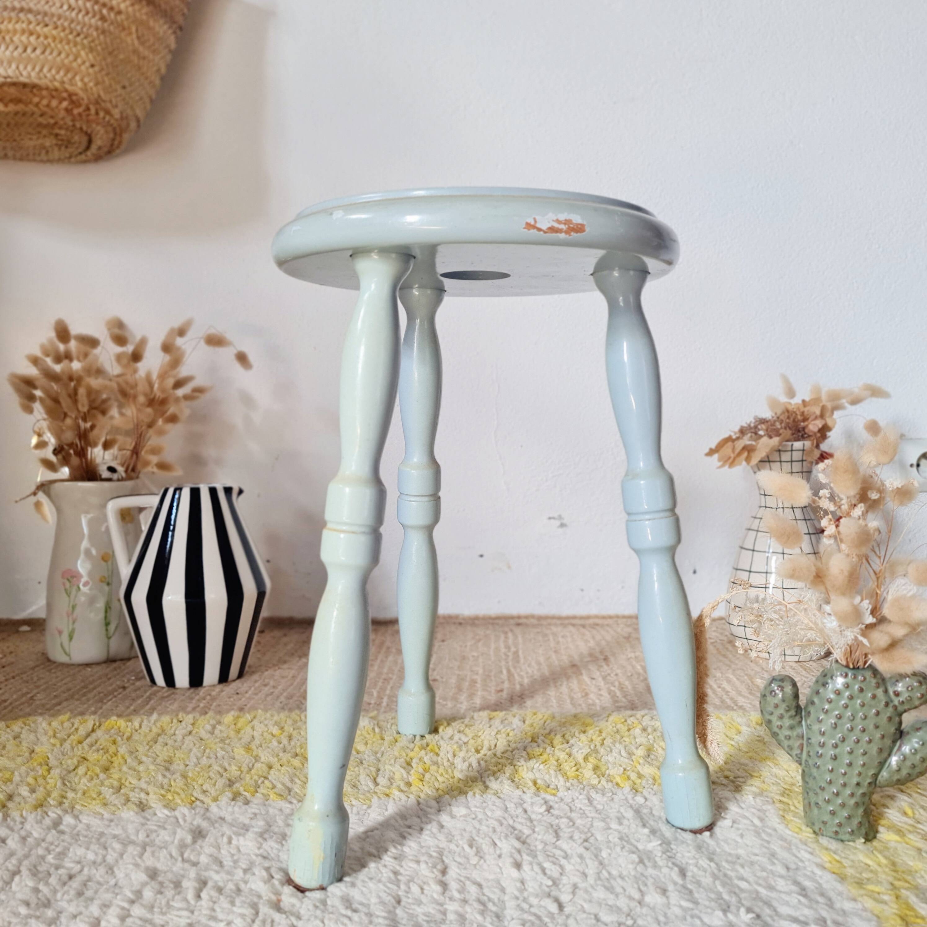 Antique tripod stool, solid wood, blue.