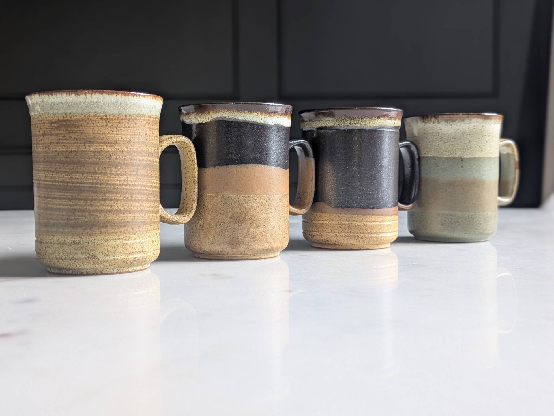 Set of brutalist mugs ''Buchan ceramics Scotland'' from the 1970s.
