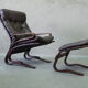 Mid century leather armchair and foot stool by Erda & Nordahl Solheim, Norway 1970's