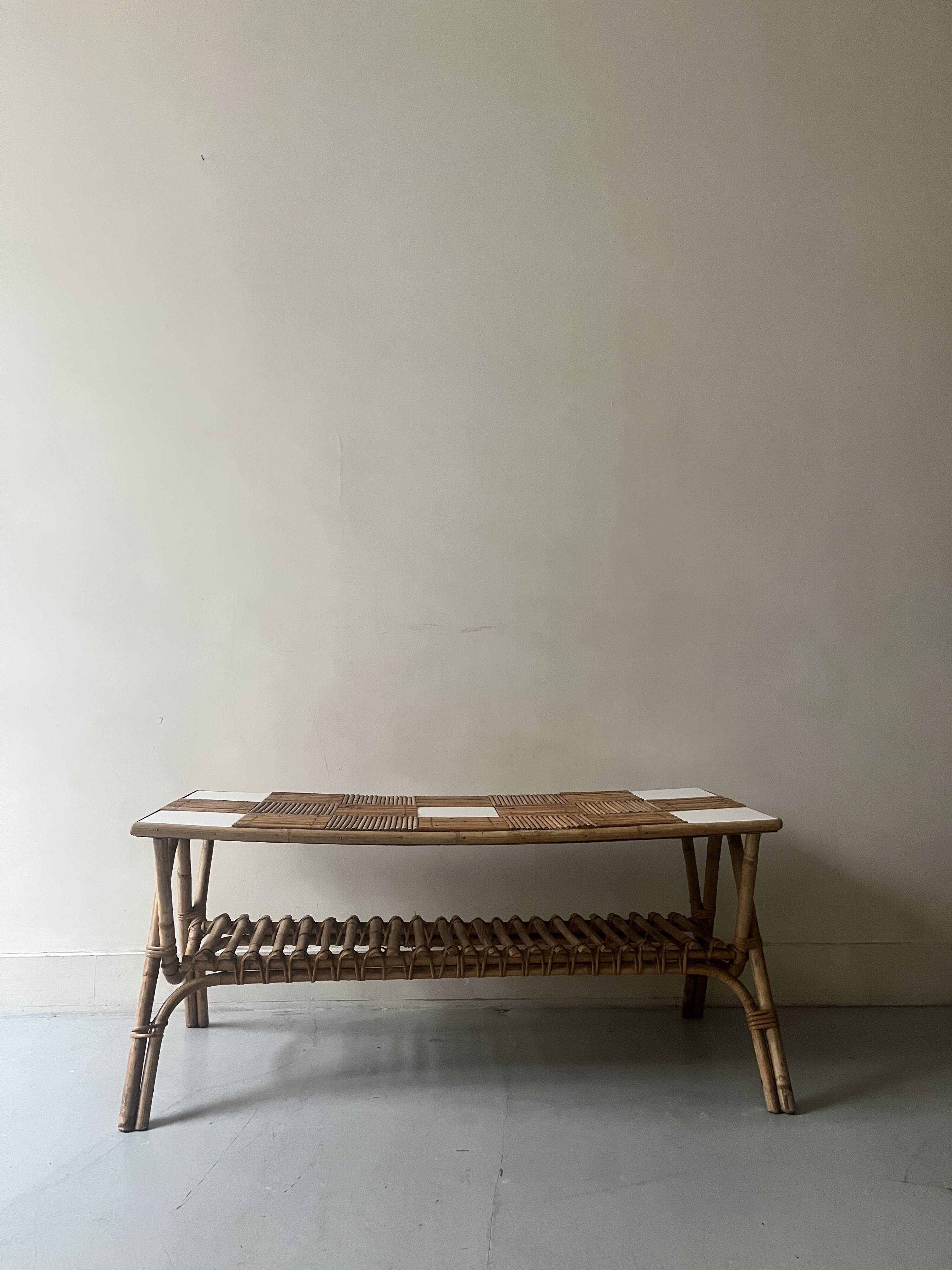 Large Audoux style coffee table in bamboo, rattan & ceramic, France 60