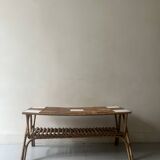 Large Audoux style coffee table in bamboo, rattan & ceramic, France 60