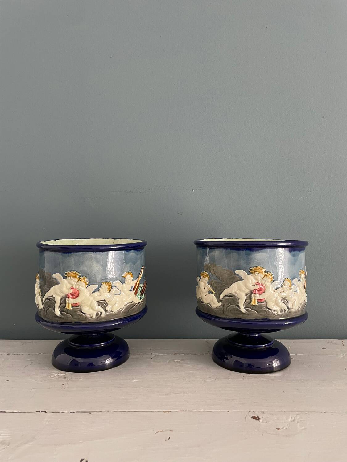 Two Thomas Sergent planters in Palissy majolica