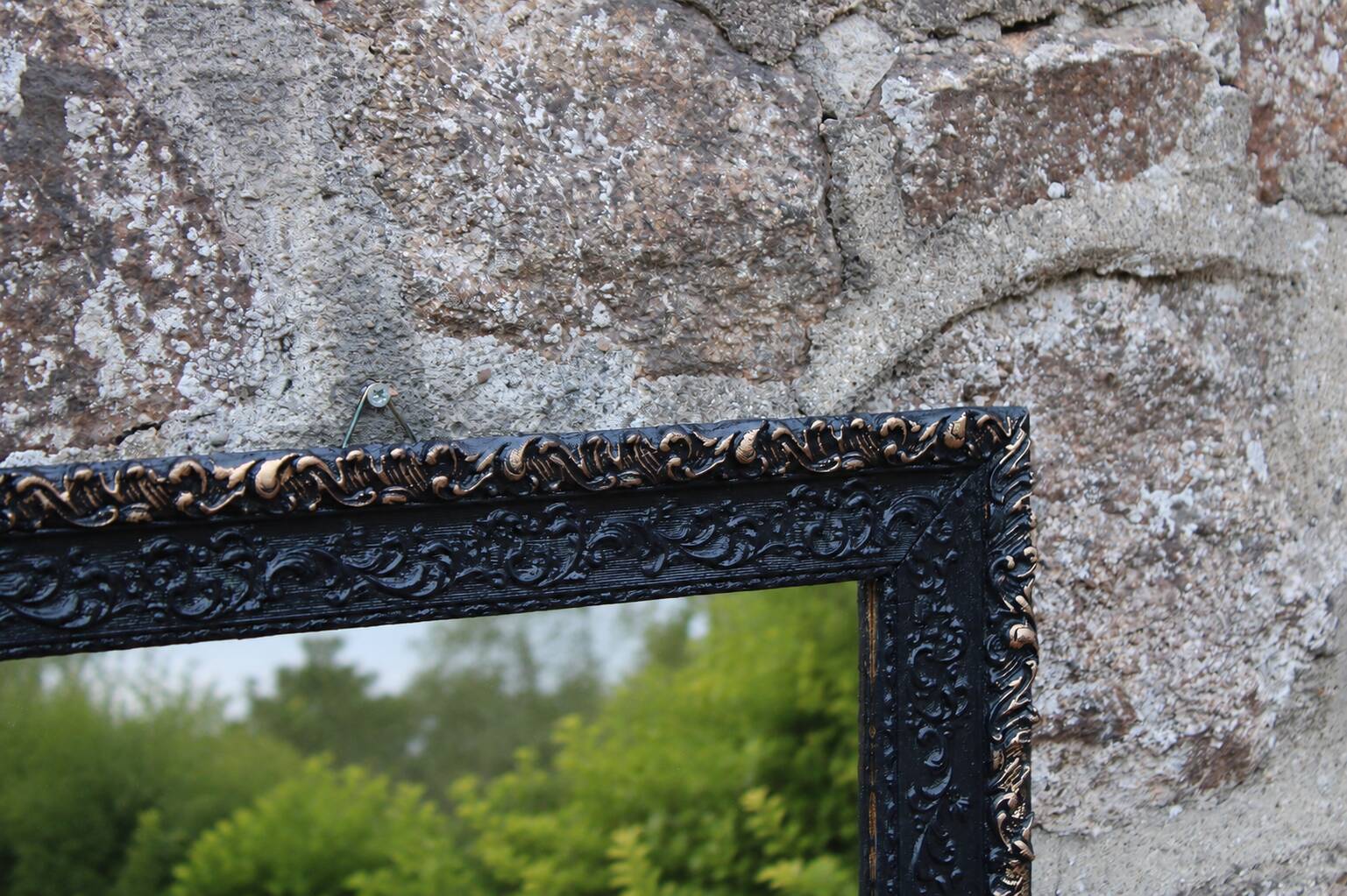 Vintage wooden and stucco mirror in patinated midnight blue with gold – baroque style – 51 ×