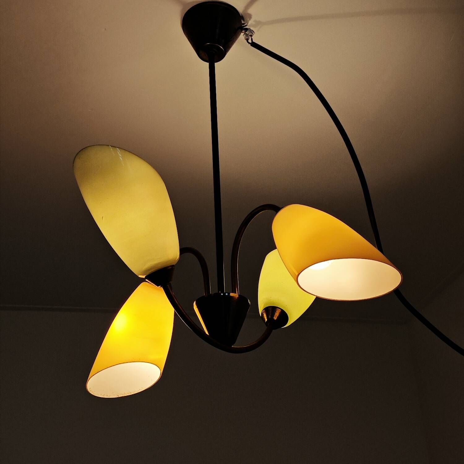 Brass and glass chandelier 4 yellow and green lights from the 60s