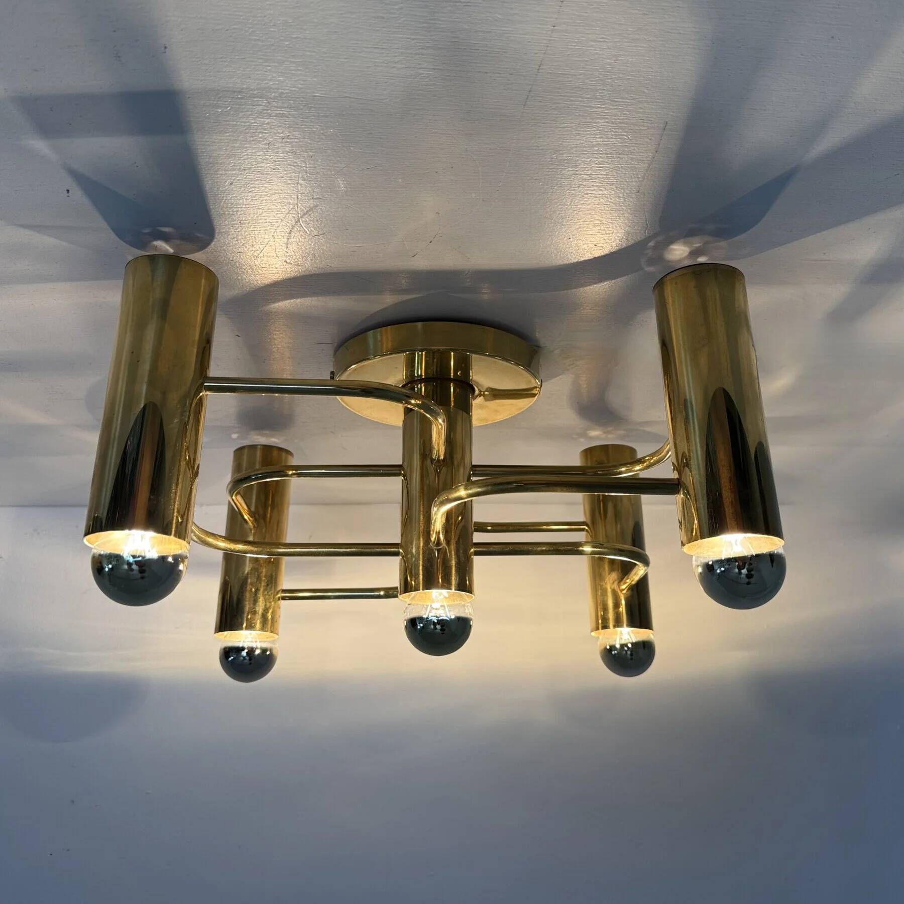 Vintage mid-century modern brass ceiling lamp Leola flushmount by Sciolari, Germany, 1970s