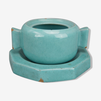 Octagonal blue-green ceramic pot and pouch Lifas / Alice Sordet-Bonifas (1902-1975)