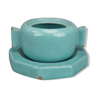 Octagonal blue-green ceramic pot and pouch Lifas / Alice Sordet-Bonifas (1902-1975)
