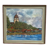 Original Swedish Oil on Panel – “Red Cottages near the Lake” by Unknown Artist 1948 – Vintage & Framed – 63 × 57 cm (24.8" × 22.4")