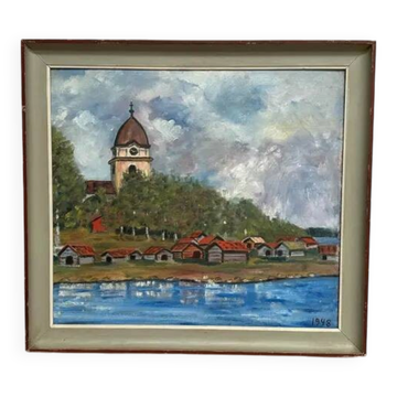 Original Swedish Oil on Panel – “Red Cottages near the Lake” by Unknown Artist 1948 – Vintage & Framed – 63 × 57 cm (24.8" × 22.4")