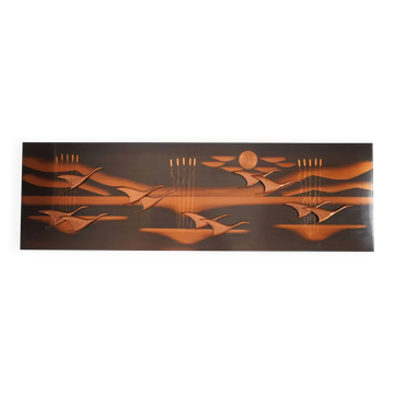 Large mid century copper wall panel flying birds sun vintage decoration 50s