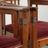 Set of two Art Nouveau design dining chairs with  red fabric upholstery