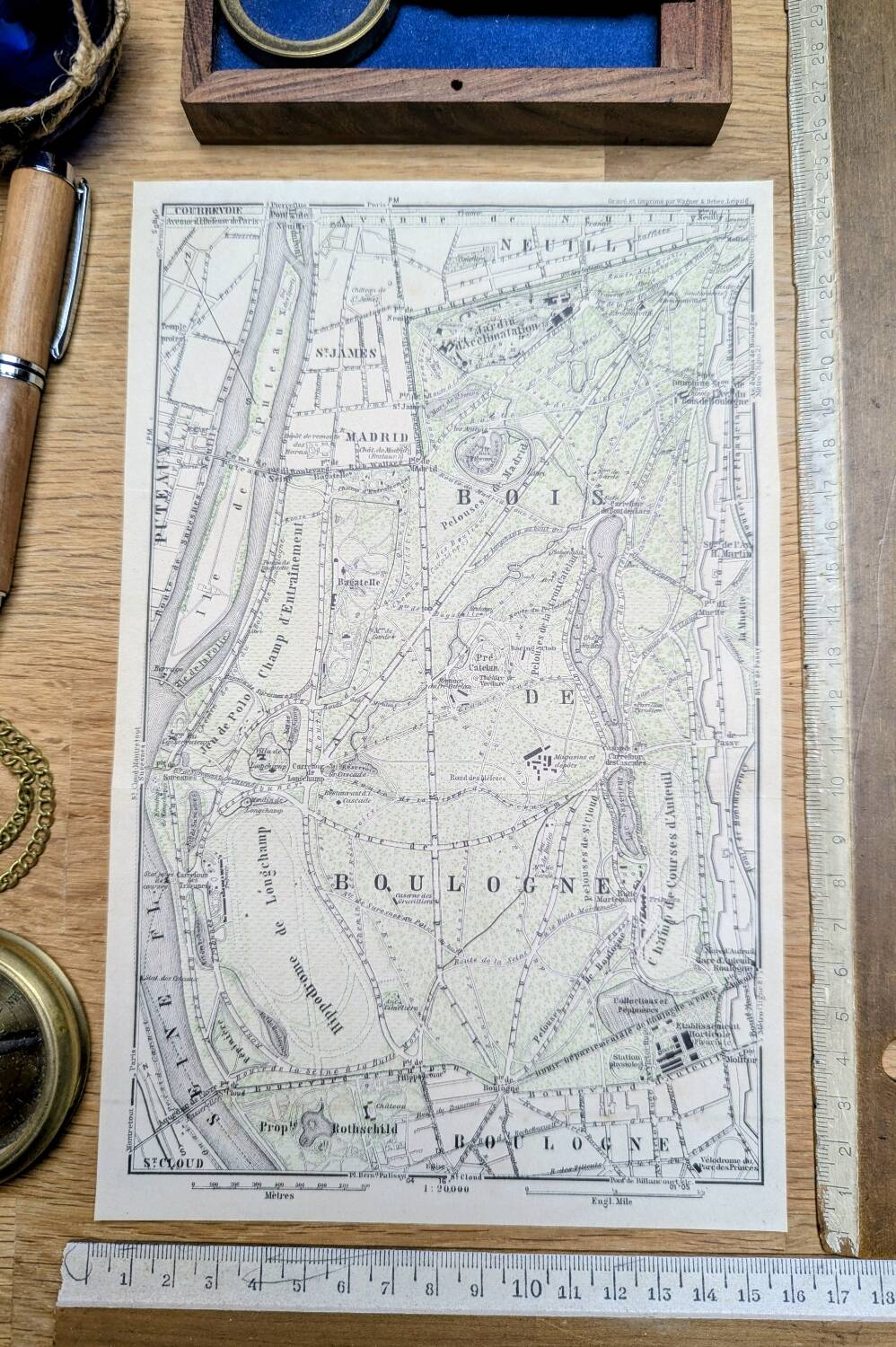 Bois de Boulogne, old map, printed in 1914.