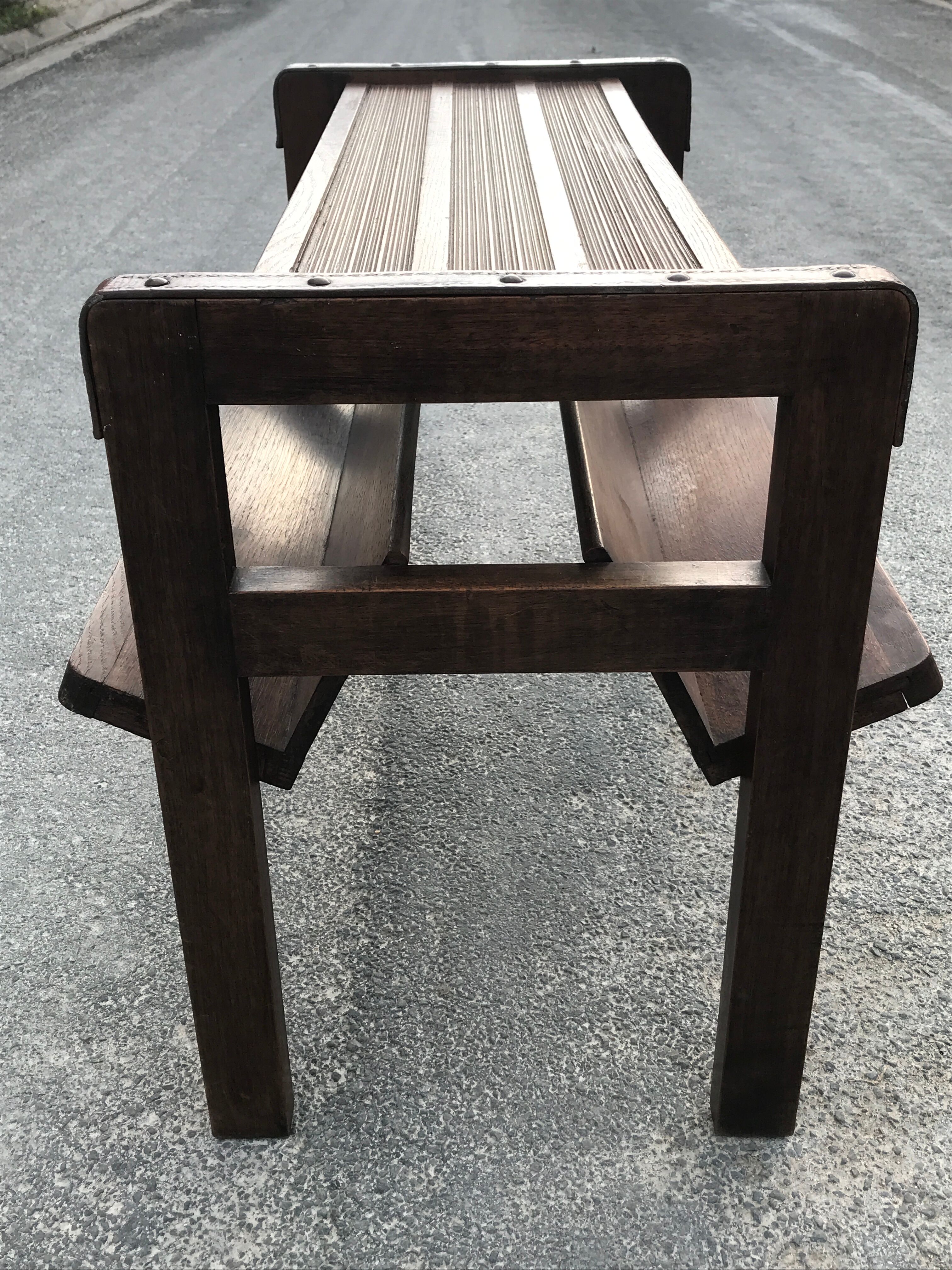 Oak and leather table vintage brutalist design 60s