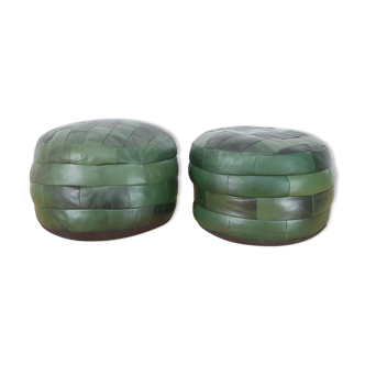 2 green De Sede beanbags, leather patchwork, round, 70's