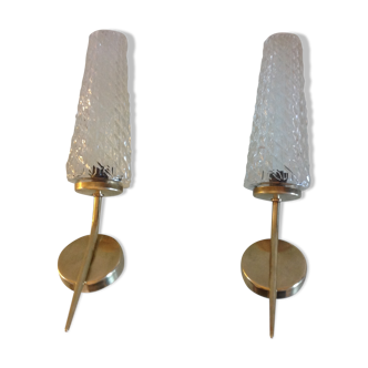 Pair of brass wall lamps conical glasses from the 60's