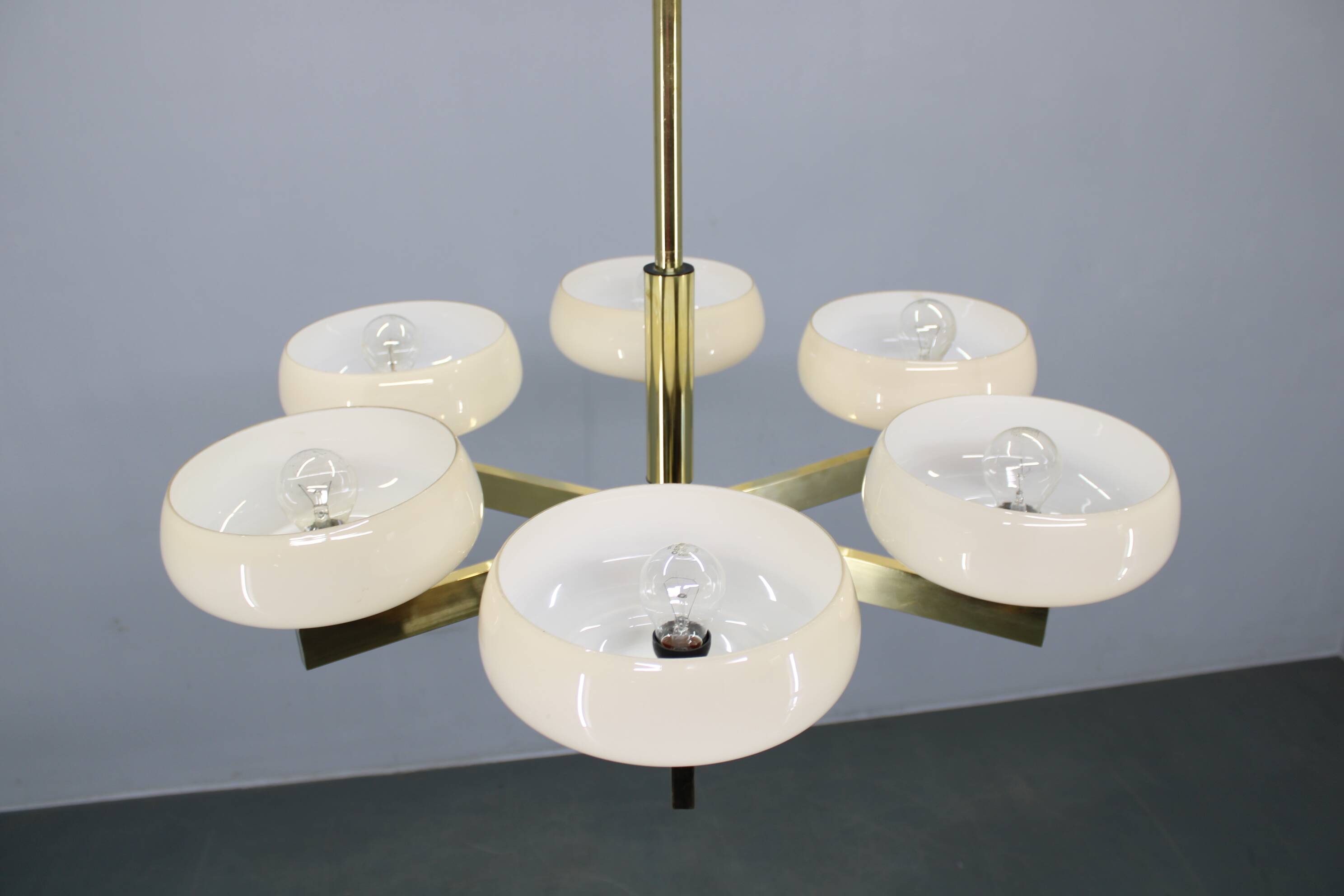 Art Deco brass chandelier with opaline glass, Czechoslovakia, 1930s