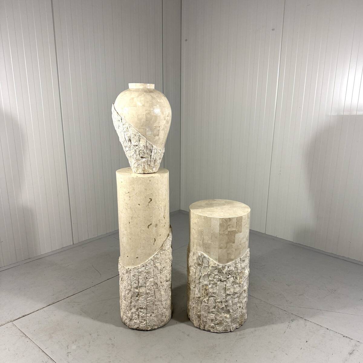 Travertine mactan stone columns & vase 1980’s