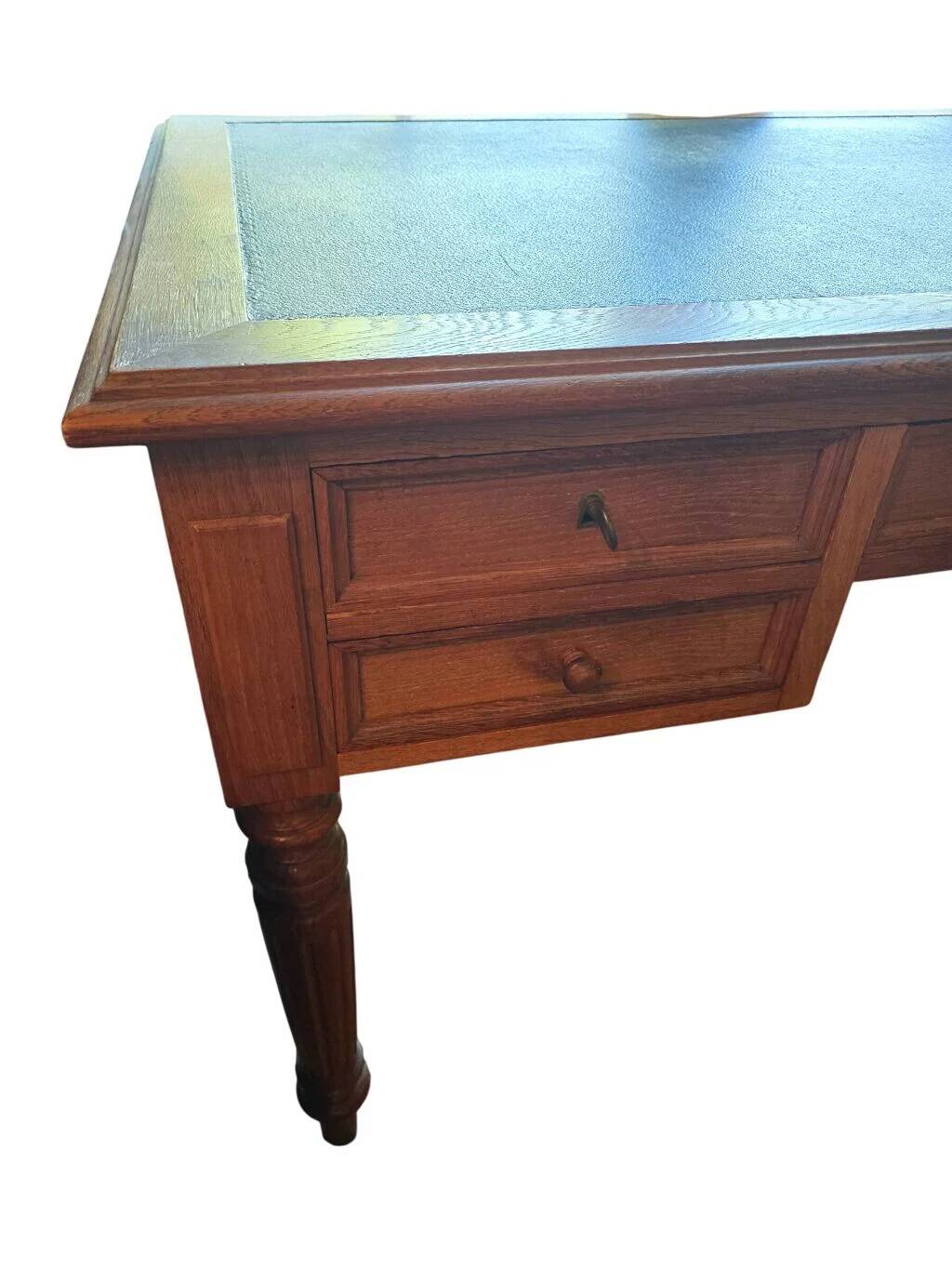 Antique flat desk in oak and black leather, Louis-Philippe style.