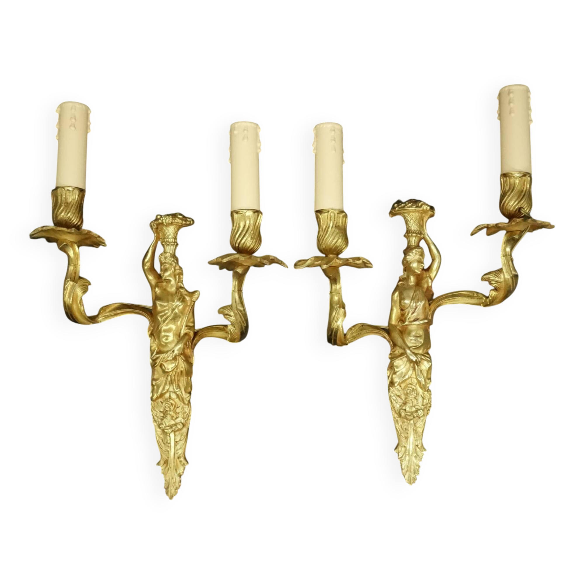 Pair of large Louis XV style 19th century caryatid wall lights - bronze