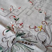 Tablecloth and 12 linen towels embroidery fine colorful flowers 255 x 170 - Old