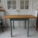 Table, vintage desk with smoked green base and oak top