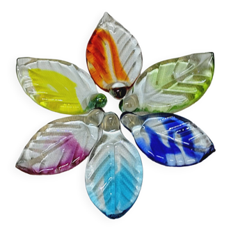 6 Knife Holders Cutlery Rests in Colored Glass in the Shape of Leaves