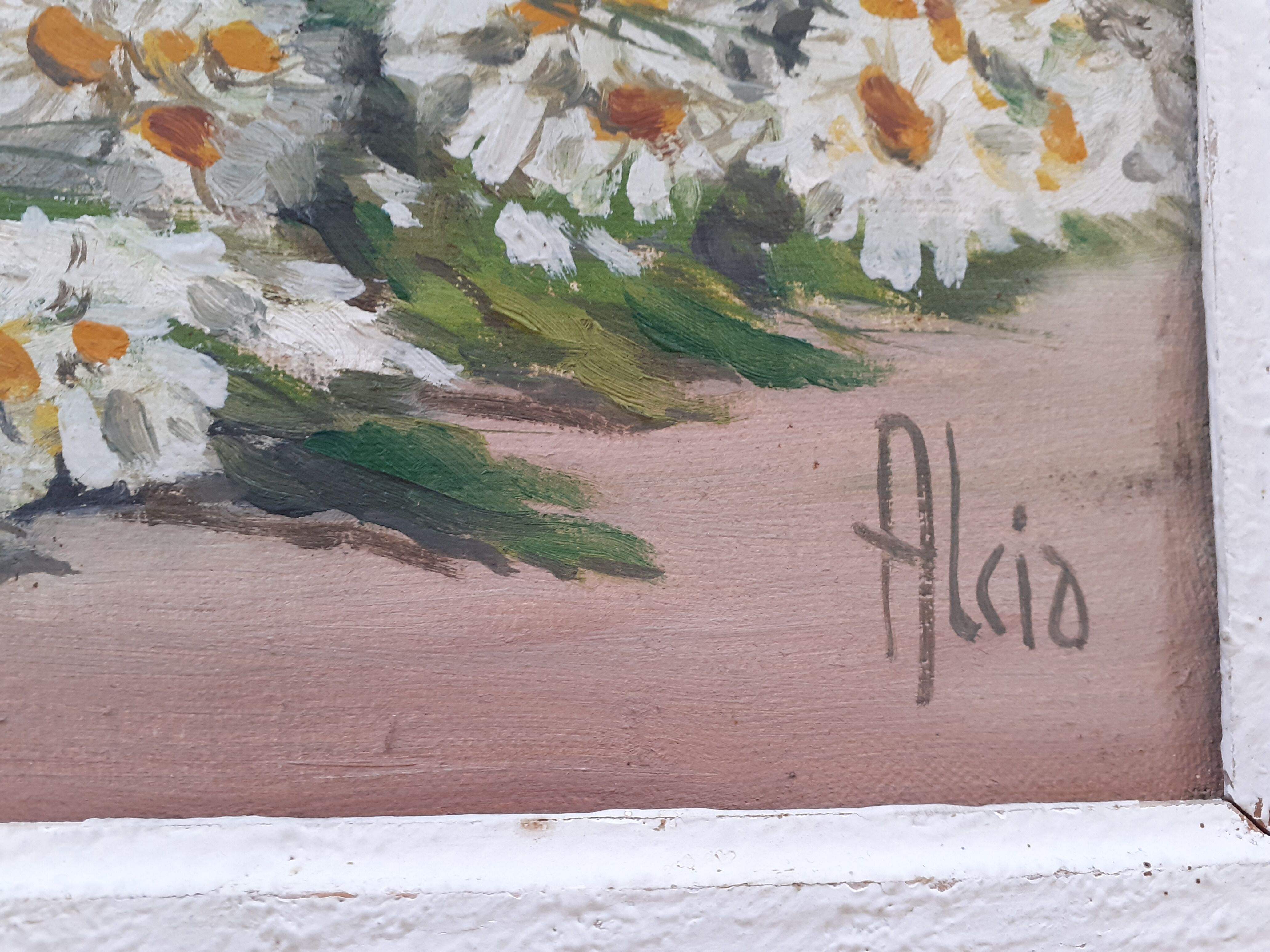 Vintage still life painting with daisies