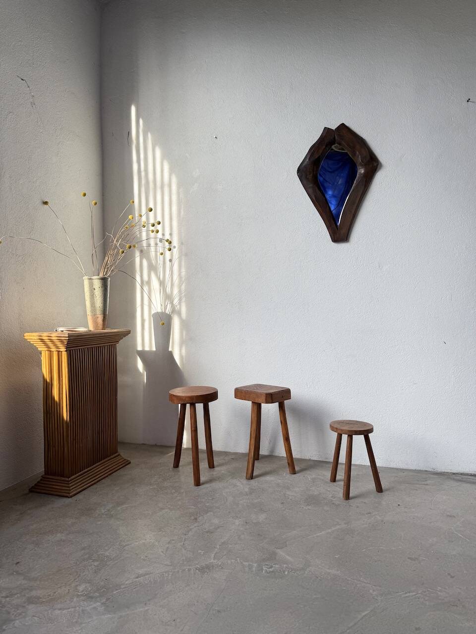 3 free-form oak tripod stools