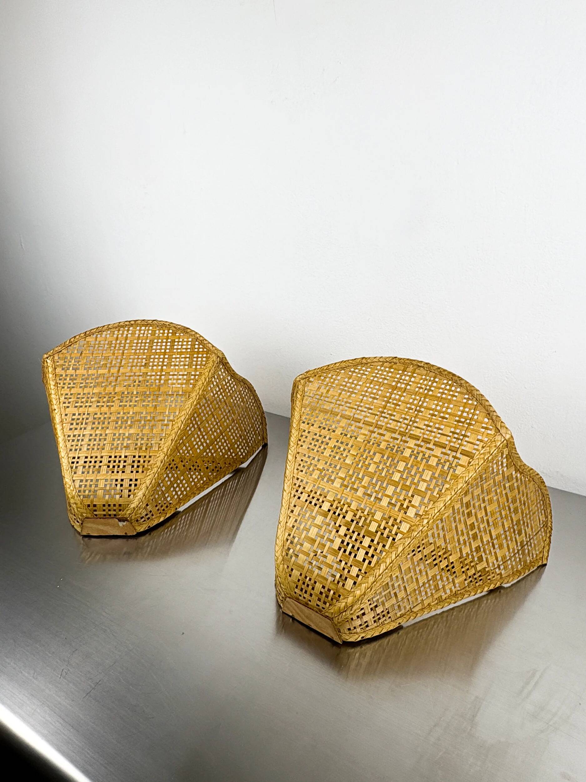 Pair of scalloped rattan wall sconces, sourced in Spain, 1980s