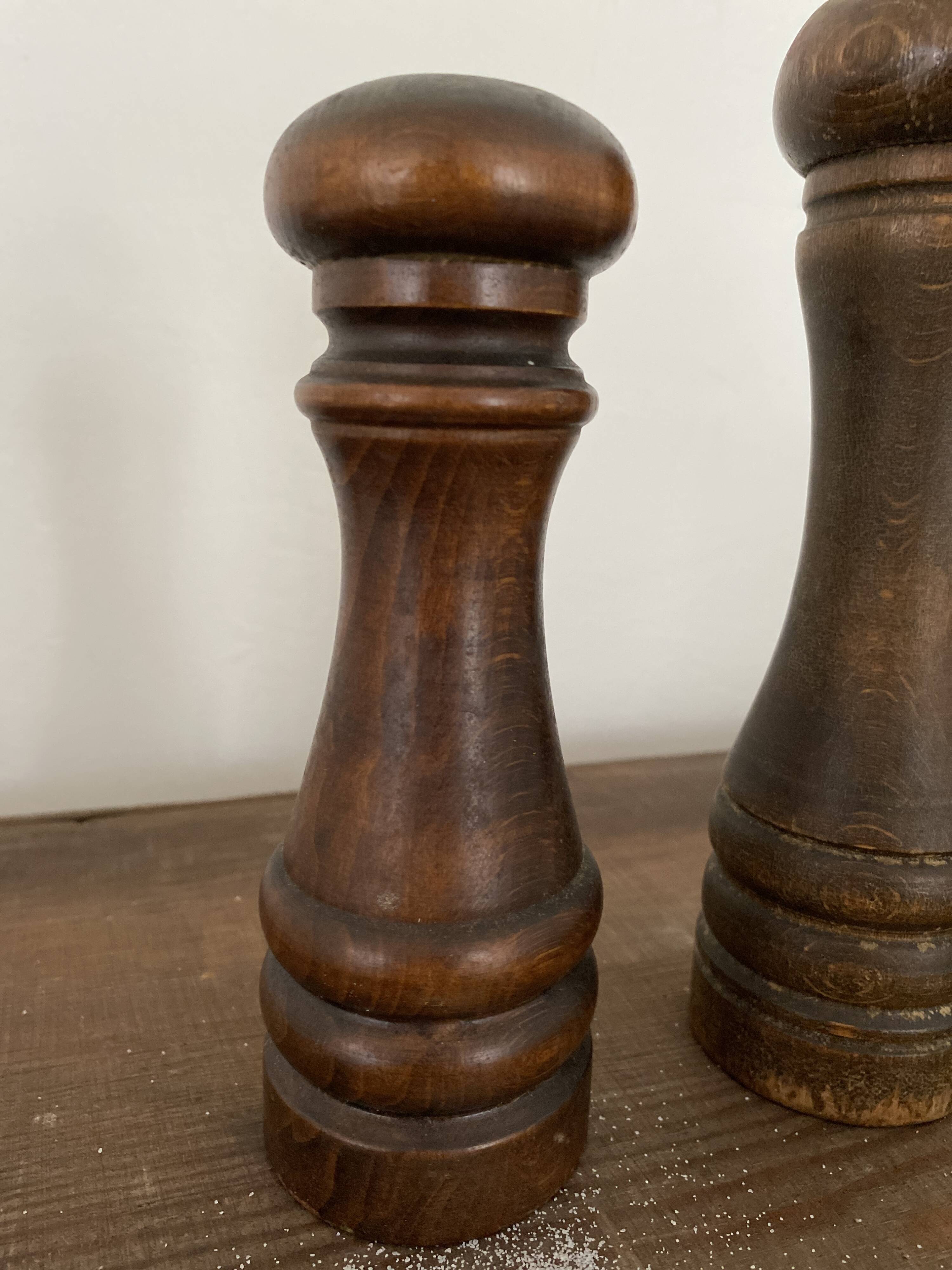 Vintage turned wooden pepper and salt mill