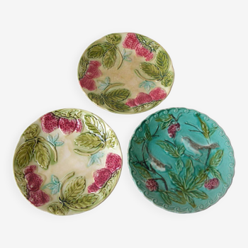 Set of 3 old ceramic slip plates with bird strawberry fruit decor