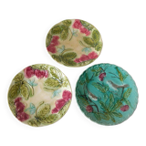 Set of 3 old ceramic slip plates with bird strawberry fruit decor