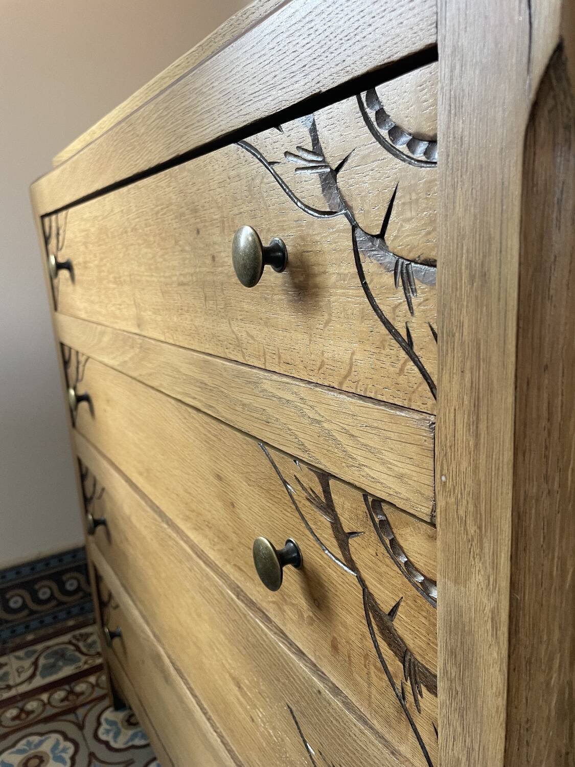 Carved solid oak chest of drawers
