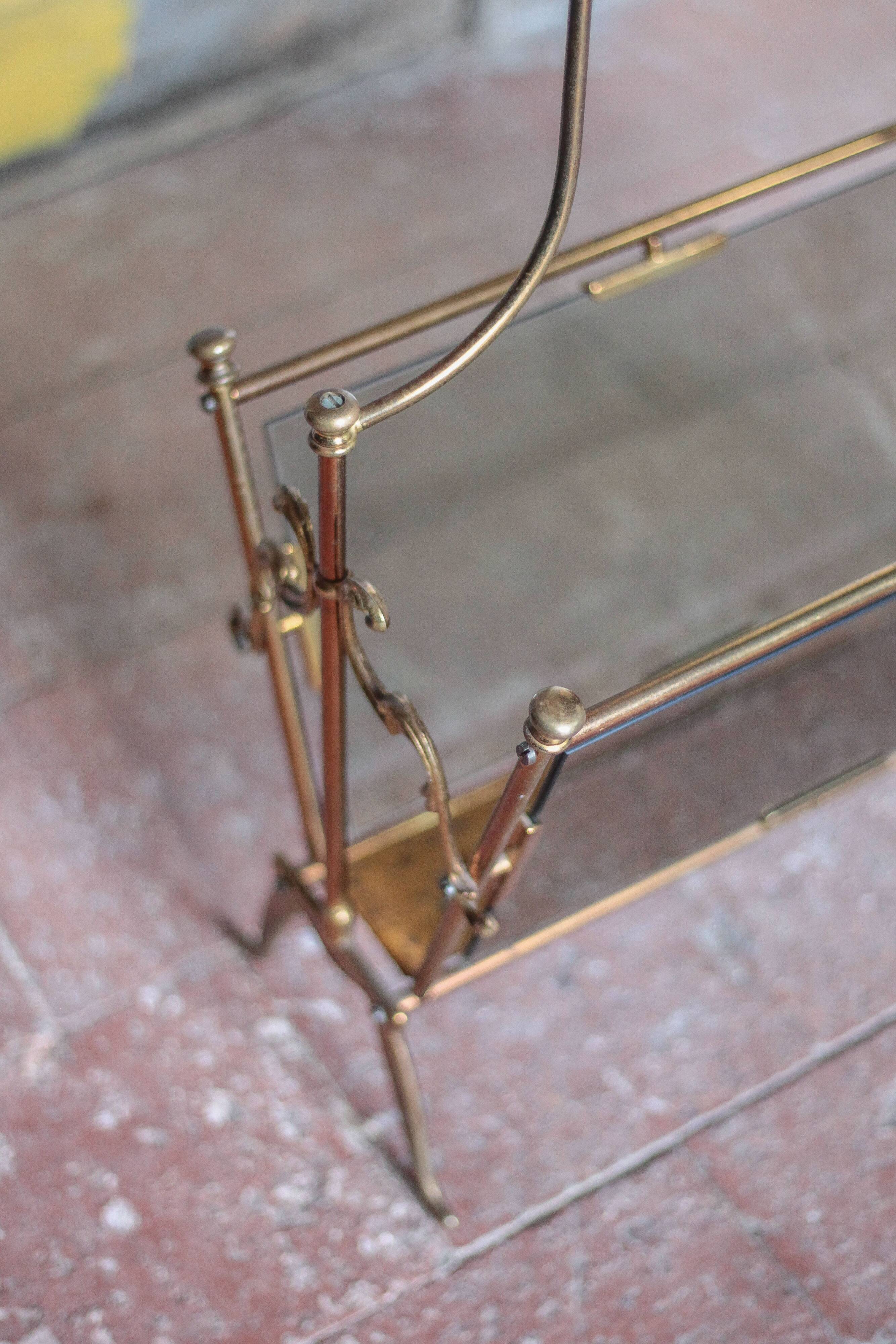 vintage magazine rack, brass and smoked glass magazine rack, newspaper, magazine