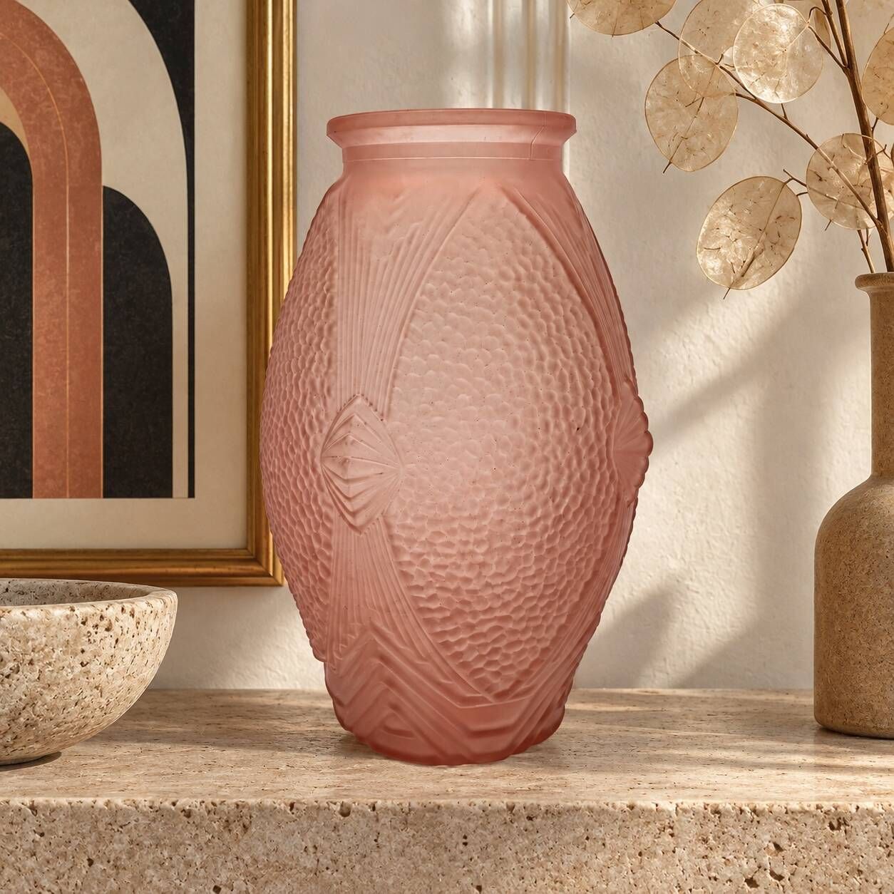 Art Deco vase, pressed moulded glass, pink with geometric decoration.