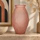 Art Deco vase, pressed moulded glass, pink with geometric decoration.