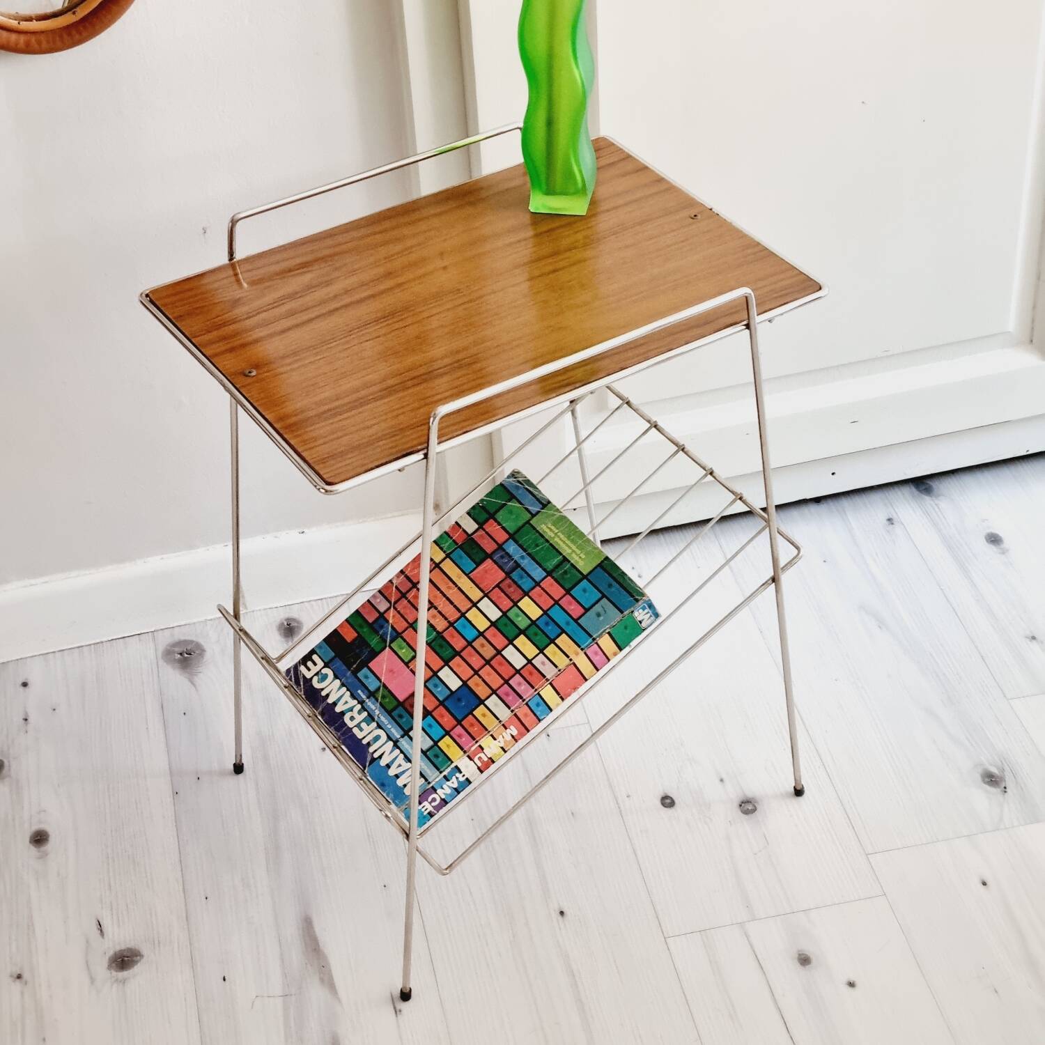 Metal and Formica magazine rack side table