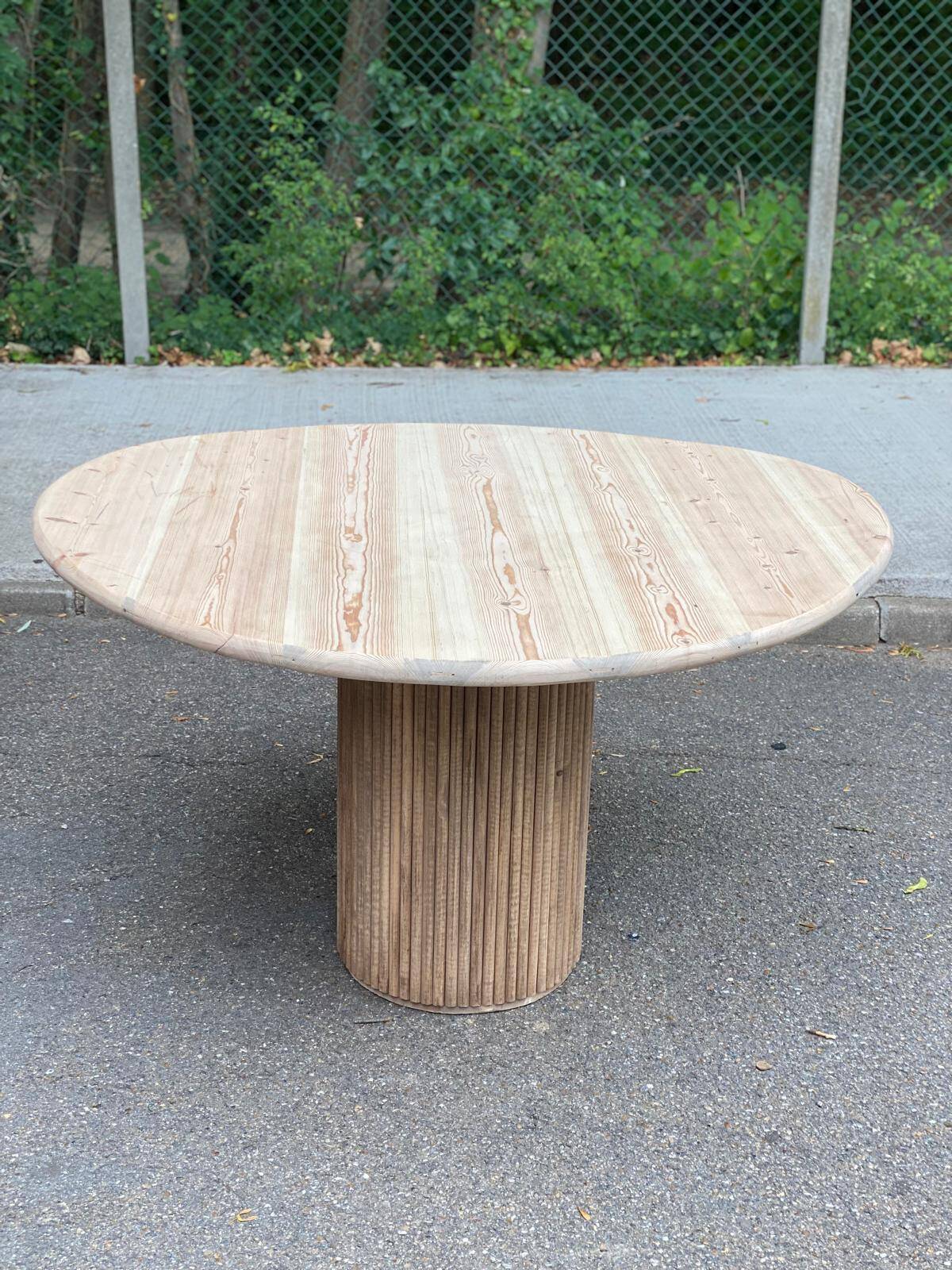 Scandinavian round dining table with a central base, stripped, made of solid raw wood, 90.