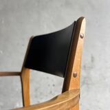 Set of 2 vintage beech wood armchairs with black skai upholstery — mid-century modern