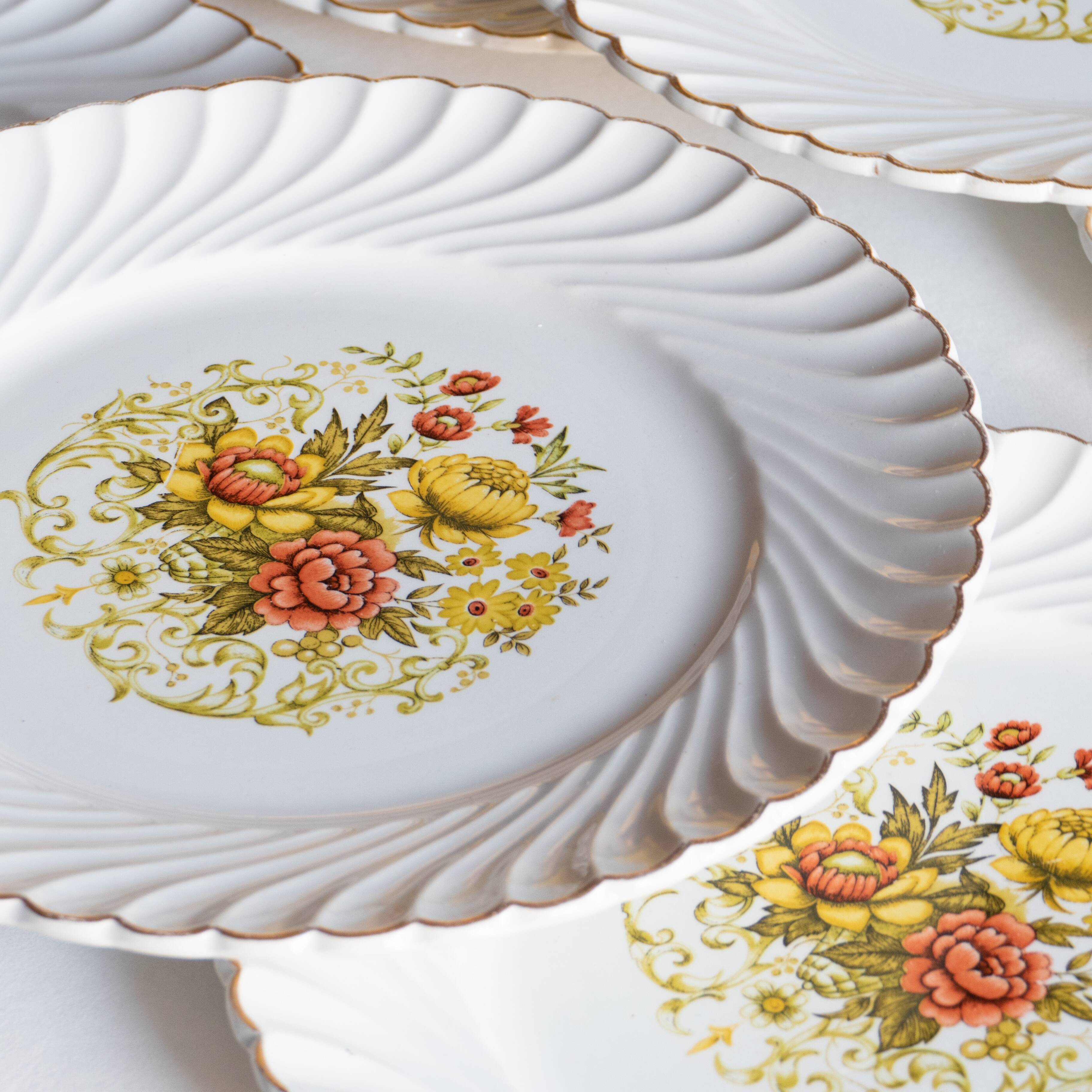 6 flat plates old floral edges fluted edges