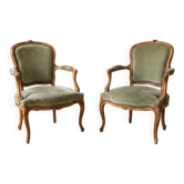 Pair of Louis XV cabriolet armchairs in green velvet