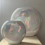 Duo of vintage round vases in iridescent ceramic