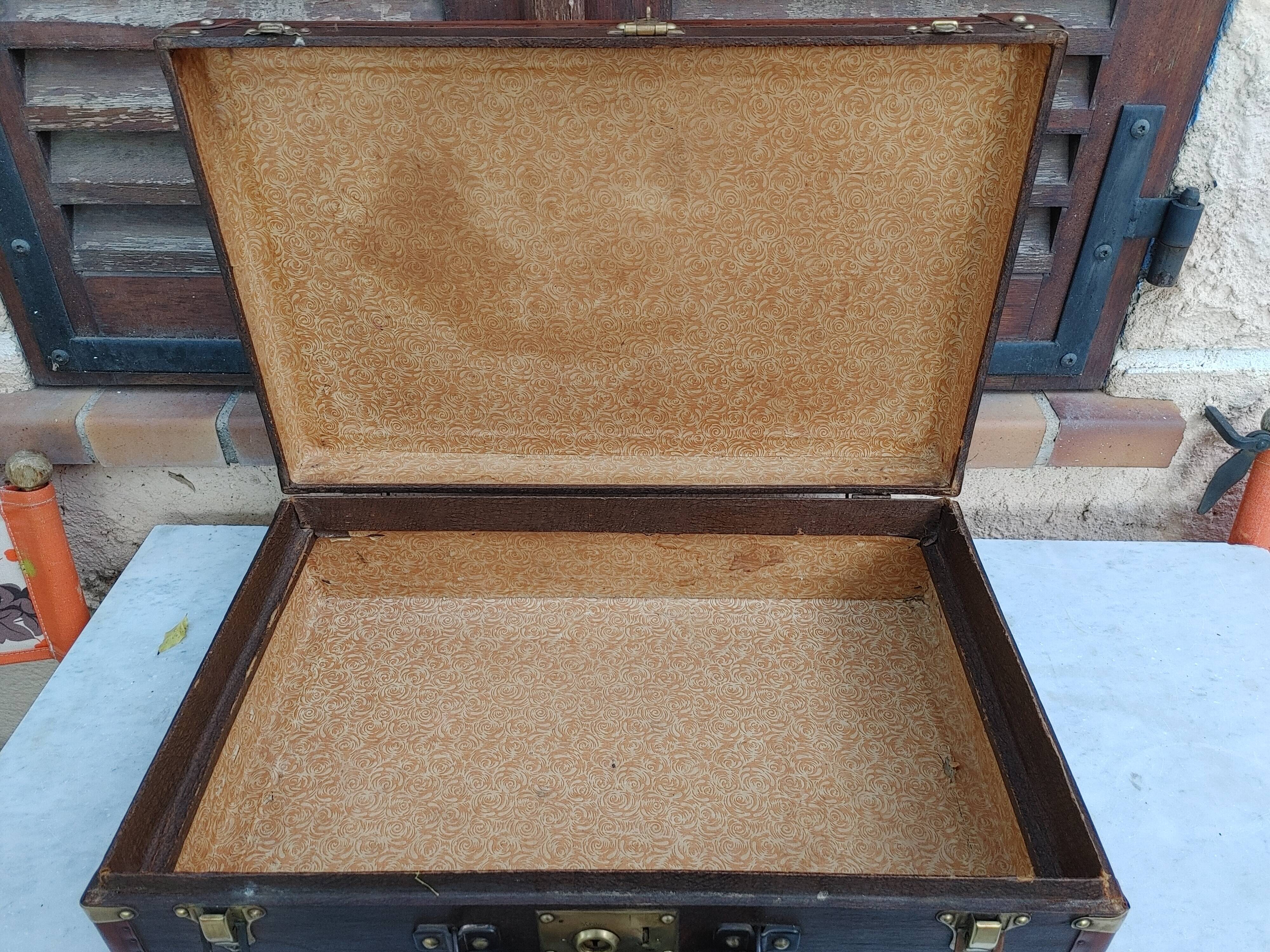 Old suitcase wood canvas leather & brass