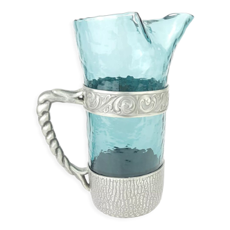 Hadeland Glass pitcher by Willy Johansson, pewter holder, vintage